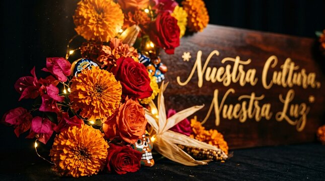 Arreglo floral con cempas&uacute;chil, rosas y letrero de 'Nuestra Cultura, Nuestra Luz' para la celebraci&oacute;n del Mes de la Herencia Hispana y D&iacute;a de los Muertos.
