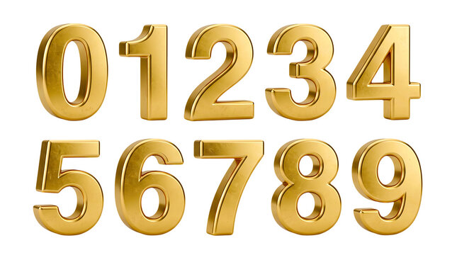 Shiny gold numbers set featuring 3d metallic font characters isolated on transparent background for decorative signage and festive typography.