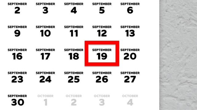 Red cursor highlighting September 19th on a 2026 wall calendar page
