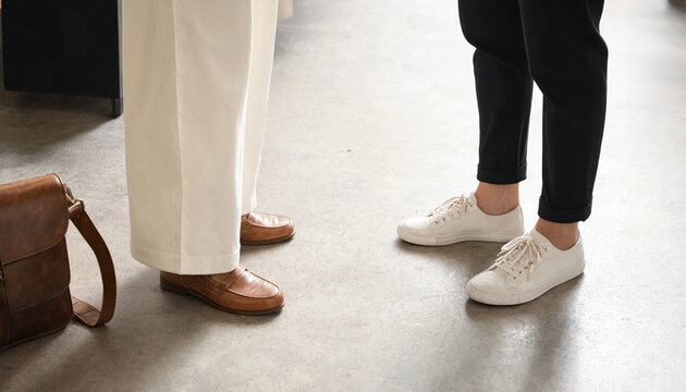 Two people standing side by side in modern casual footwear on concrete floor with leather bag nearby