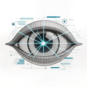 Futuristic 3D Wireframe Eye with Glowing Laser Scan and Tech Interface Elements