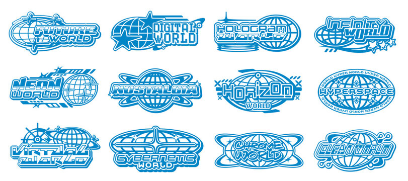 Y2k globe element icons. Vector set of futuristic world themed emblems with bold blue line art and globe motifs. Digital, cybernetic, hyperspace and neon world badges for sci fi, tech, or vr branding