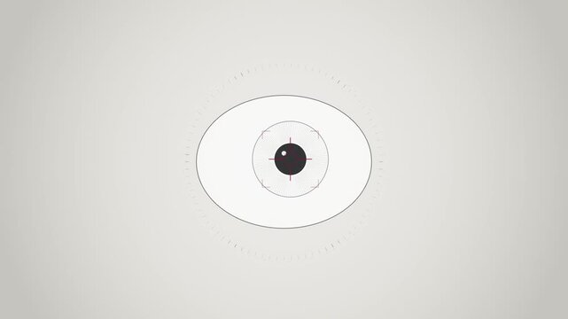 Abstract animated pupil followed by a tracking crosshair drawn as cool blue-white lines and shapes on a bright, clean light background. Seamless looping 4K motion graphics video with free space for te