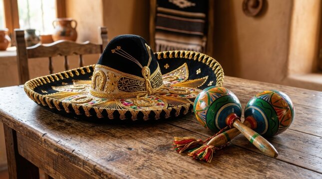 Traditional Mexican sombrero and maracas on wooden table ,Hispanic Heritage Celebration Month, Latino Ctivalultural Festival, Cinco de Mayo, D&iacute;a de los Muertos, Carnaval, Inti Raymi