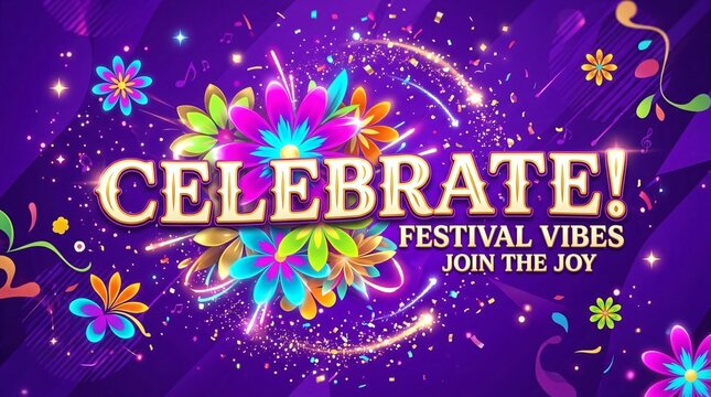 Cartel festivo con texto Celebrate, flores coloridas y confeti brillante para eventos, festivales y Mes de la Herencia Hispana.