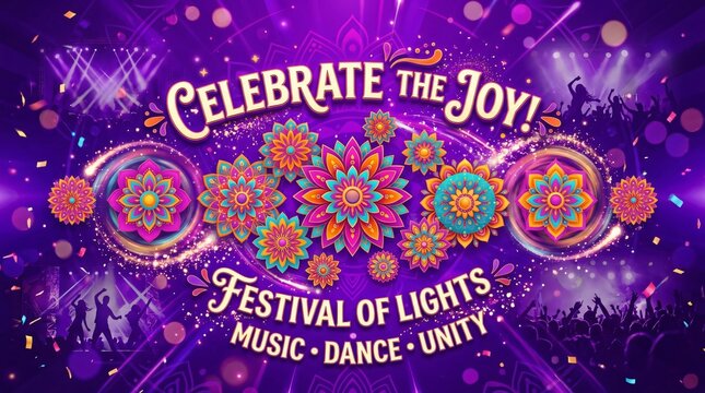 Cartel festivo con mandalas coloridas, luces brillantes y texto de celebraci&oacute;n de festival de luces con m&uacute;sica, baile y unidad en fondo morado.