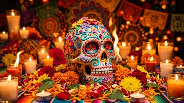 Calavera decorada del D&iacute;a de los Muertos rodeada de flores de cempas&uacute;chil y velas encendidas, altar tradicional mexicano, Mes de la Herencia Hispana.