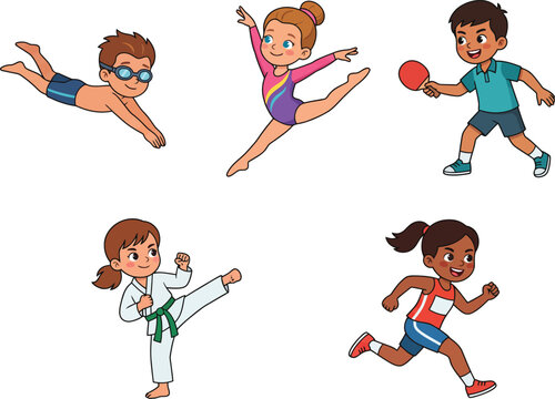 Cute Kids Sports Activity Collection with Swimming Gymnastics Running Karate and Table Tennis Characters