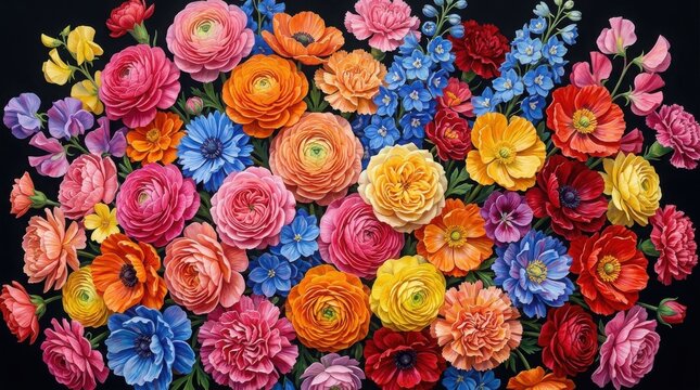 Vibrant colorful flowers on black background ,Hispanic Heritage Celebration Month, Latino Ctivalultural Festival, Cinco de Mayo, D&iacute;a de los Muertos, Carnaval, Inti Raymi