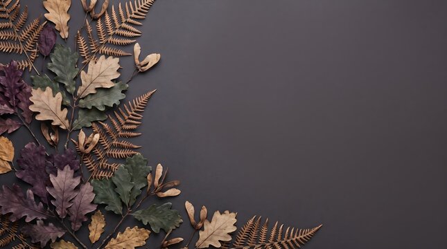 Autumn dried leaves on dark background, fall foliage border, seasonal flat lay