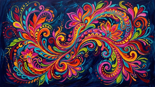 Patr&oacute;n floral abstracto vibrante al &oacute;leo para el Mes de la Herencia Hispana, arte folcl&oacute;rico latinoamericano sobre fondo azul.