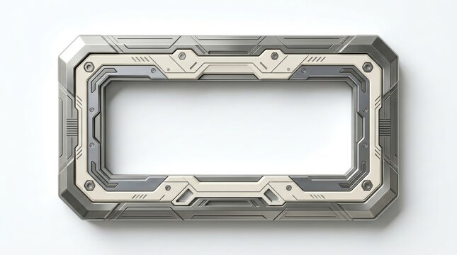 Rectangular Futuristic Metal Frame With Intricate Mechanical Details Isolated On White Background