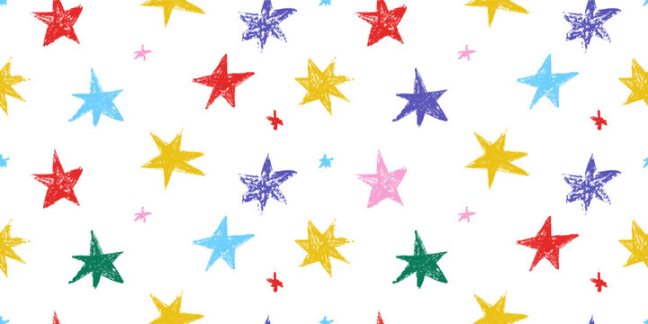 Rainbow colored stars with rough chalk, crayon texture, hand drawn doodle seamless pattern. Naive funny print for kids wear and nursery design. Fun vector illustration on transparent background