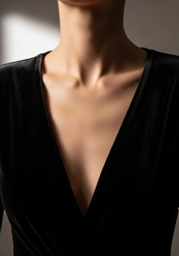 Woman wearing a black v-neck shirt showing her neck and collarbone area
