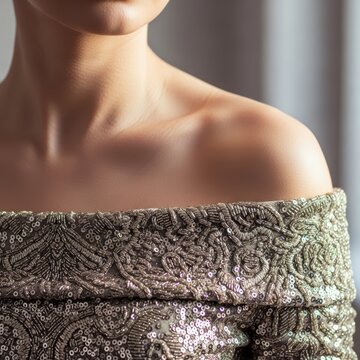 Woman wearing an elegant silver sequin dress with detailed embroidery for a party