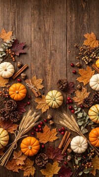 Thanksgiving rustic wooden table with scattered autumn