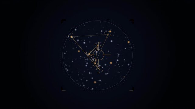 Abstract animated star tracker aligning on a star field drawn as cool blue-white lines and shapes on a deep dark background. Seamless looping 4K motion graphics video with free space for text, ideal f