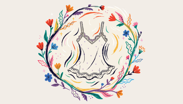 Delicate Camisole or Lingerie Decorated with Floral Wreath - Hand-Drawn Illustration