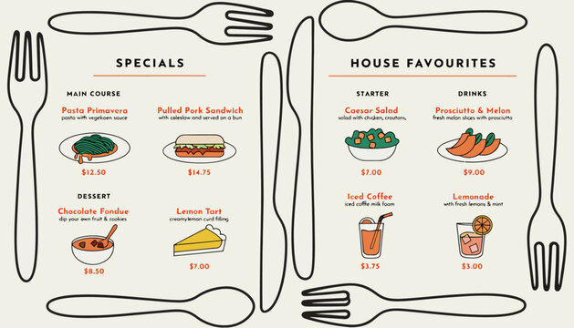 Creative Restaurant Menu Design with Food Illustrations, Prices, and Utensil Border