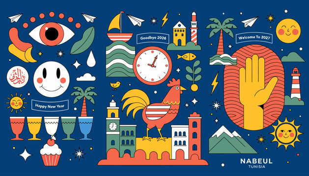 Happy New Year Greeting: Rooster, Palm Trees, Coastal Town, Celebration Elements