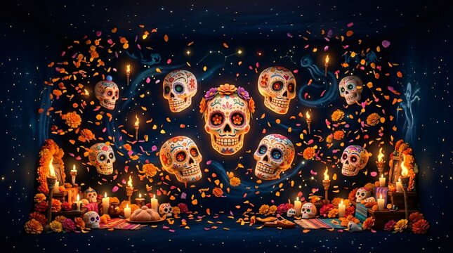 Calaveras de az&uacute;car iluminadas para el D&iacute;a de los Muertos, ofrenda tradicional mexicana con flores de cempas&uacute;chil y velas en ambiente nocturno.