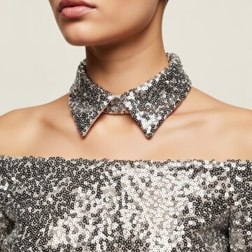 Close up of a woman wearing a stylish silver sequin collar shirt for a party outfit