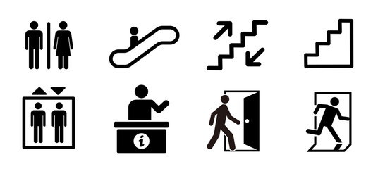 Public facility and wayfinding pictogram vector icon set. 8 black silhouette icons for restroom, escalator, stairs, elevator, information desk, and emergency exit. © 884