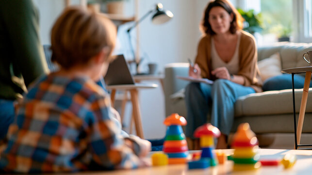 rear view of a mother communicating with a child psychologist on a couch while her son plays with toys on the floor in a bright office, backs to camera, mental health support