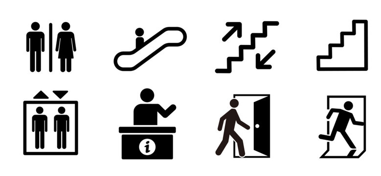 Public facility and wayfinding pictogram vector icon set. 8 black silhouette icons for restroom, escalator, stairs, elevator, information desk, and emergency exit.