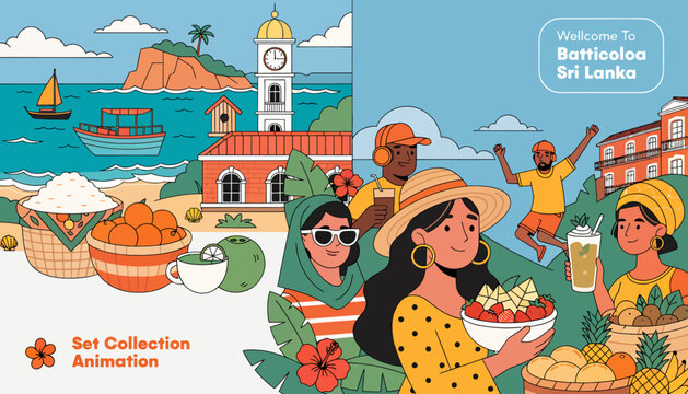 Sri Lanka Batticaloa cityscape illustration with people and food