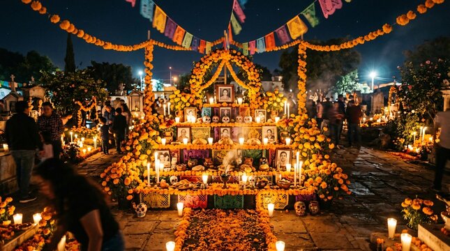 Altar tradicional de D&iacute;a de los Muertos con flores de cempas&uacute;chil, velas y ofrendas en un cementerio mexicano de noche, celebraci&oacute;n de herencia cultural.