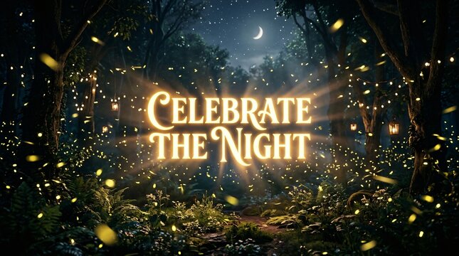 Texto brillante Celebrate the Night en bosque m&aacute;gico nocturno iluminado por luci&eacute;rnagas doradas, linternas y luna creciente, ambiente de celebraci&oacute;n y fantas&iacute;a.