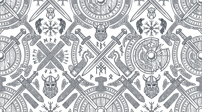 Nordic Viking Pattern with Swords, Shields, and Helmets