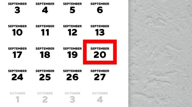 Red cursor highlighting September 20th on a 2026 wall calendar page