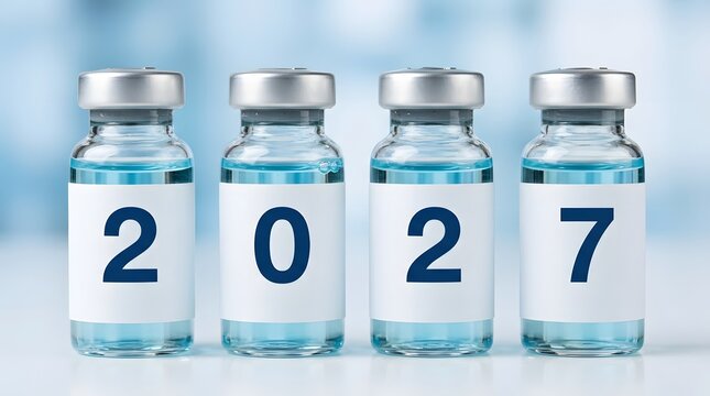Medical vials displaying the year 2027 symbolize innovative healthcare progress and future solutions in medical research and development