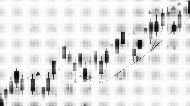 Abstract financial candlestick chart graphic with halftone dot pattern overlay on white background