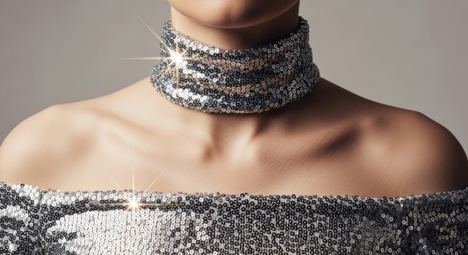 Woman wearing a sparkling silver choker necklace and matching sequin dress for party