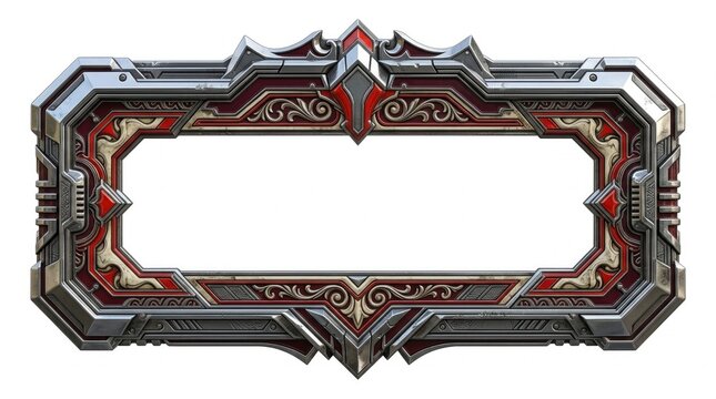 Ornate Metallic Rectangular Gaming Frame Border With Red And Silver Accents Isolated On White