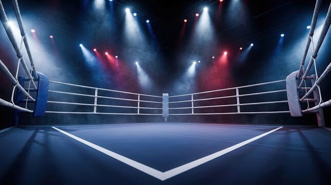 Professional boxing ring background featuring bright spotlights and dark atmospheric lighting.
