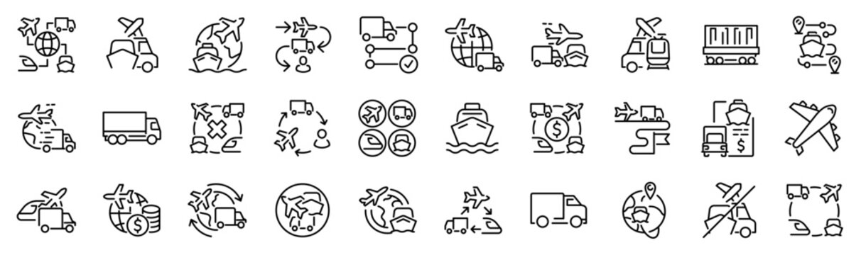 Set of 30 outline icons related to transportation and logistics. Linear icon collection. Editable stroke. Vector illustration