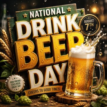 Happy National Drink Beer Day celebration with a cold frothy beer and hops