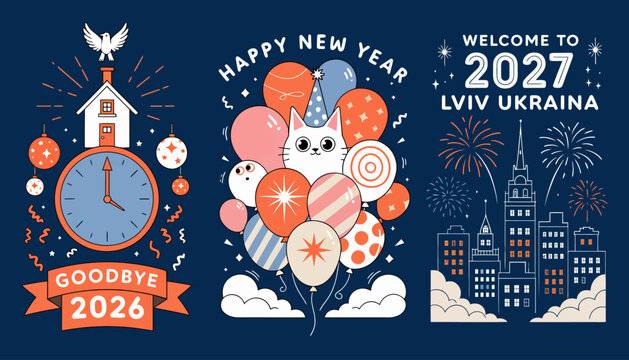New Year's Eve Celebration Collection: Goodbye 2026, Happy New Year with Cat & Balloons, Welcome 2027 Lviv Ukraina