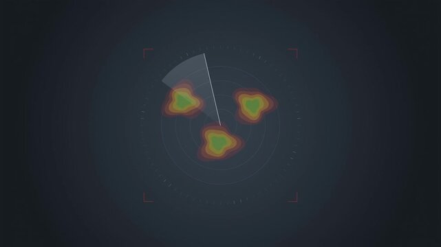 Abstract animated storm cells shown by radar reflectivity drawn as amber and orange lines and shapes on a deep dark background. Seamless looping 4K motion graphics video with free space for text, idea