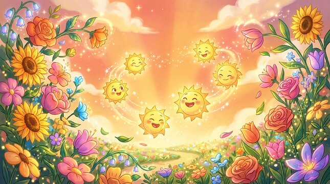 Soles animados sonrientes flotando sobre un prado de flores coloridas al amanecer, ilustraci&oacute;n alegre y luminosa de fantas&iacute;a primaveral.