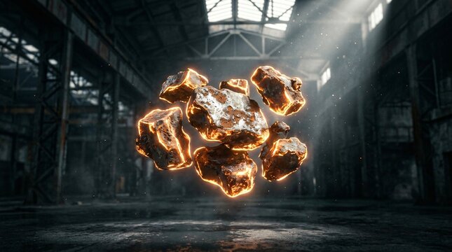 Rocas de mineral met&aacute;lico flotando con grietas incandescentes en un almac&eacute;n industrial oscuro, concepto de energ&iacute;a y metalurgia.