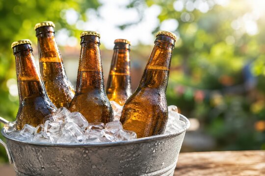 Six bottles of cold beer in an ice bucket outdoors