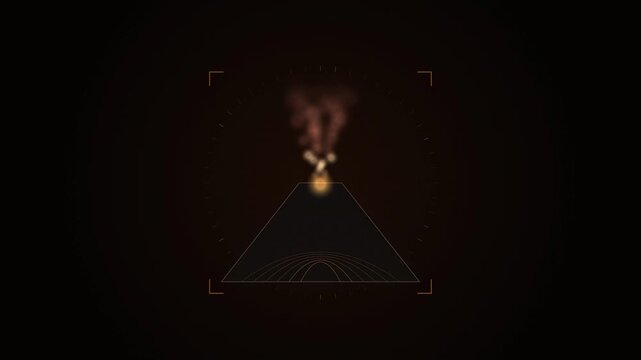 Abstract animated thermal plume rising from a volcano drawn as amber and orange lines and shapes on a deep dark background. Seamless looping 4K motion graphics video with free space for text, ideal fo