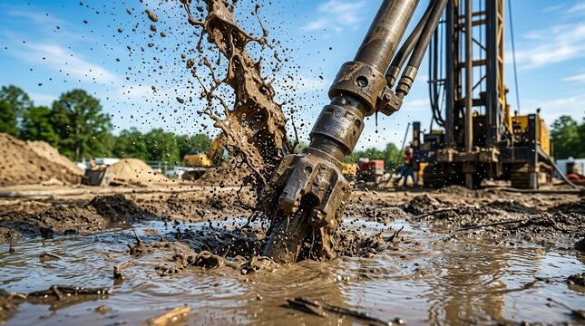 Heavy machinery performing clean water drilling and artesian wells construction.