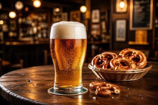 Glass of beer and pretzel on a wooden table in a cozy pub