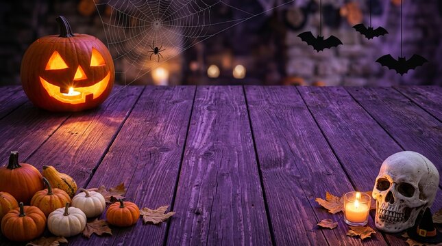 Halloween purple wooden surface background featuring jack o lantern pumpkin skull candles and spiderweb for festive holiday greeting or professional social media banner.